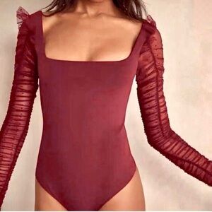 Free People Mist Be Love Maroon Sheer Sleeve Bodysuit